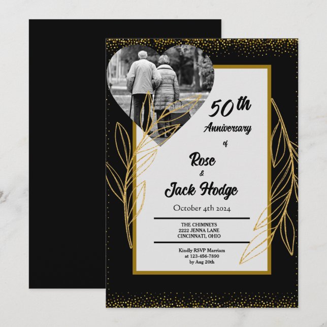 Invitation Black Gold Hearts Photo 50e anniversaire du Mariag (Devant / Derrière)