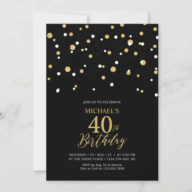 Invitation Black & Gold Hexagon Confetti 40e fête d'anniversa (Devant)