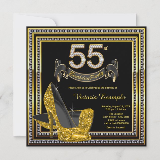 Invitation Black Gold High Heel Womans 55e fête d'anniversair (Devant)