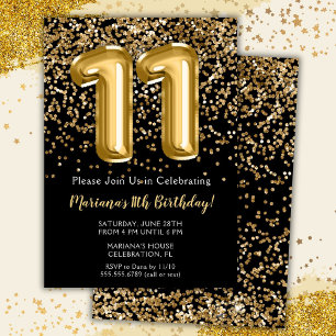 Invitation Black Gold Kids Girl 11e fête d'anniversaire