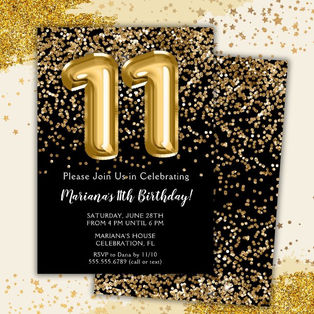 Invitation Black Gold Kids Girl 11e fête d'anniversaire (Créateur téléchargé)