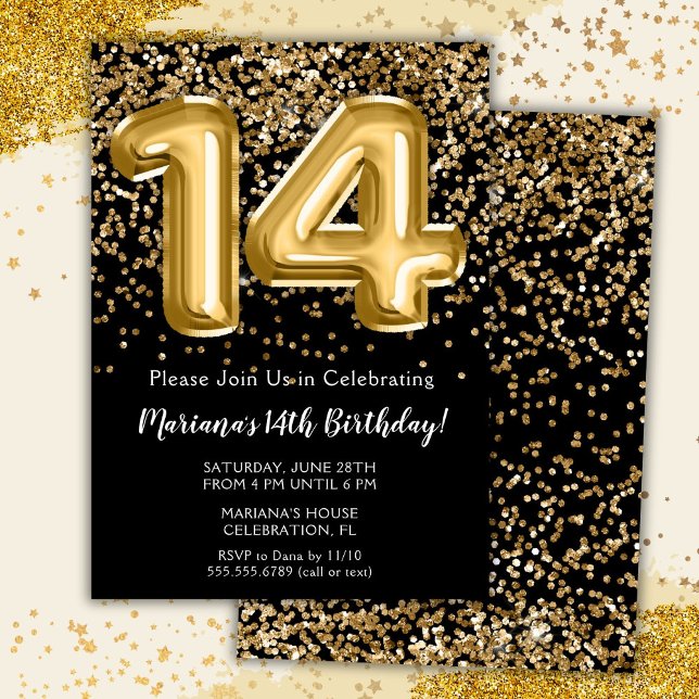 Invitation Black Gold Kids Girl 14ème anniversaire fête (Créateur téléchargé)