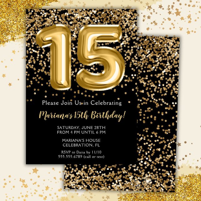 Invitation Black Gold Kids Girl 15th Birthday Part (Créateur téléchargé)