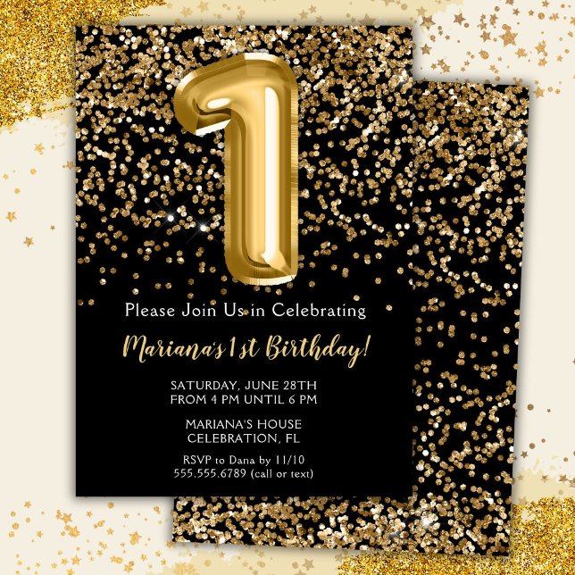 Invitation Black Gold Kids Girl 1er anniversaire de fête Invi (Créateur téléchargé)