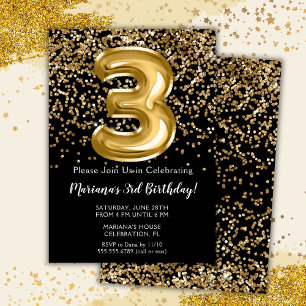 Invitation Black Gold Kids Girl 3e fête d'anniversaire