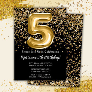 Invitation Black Gold Kids Girl 5e anniversaire de fête Invit