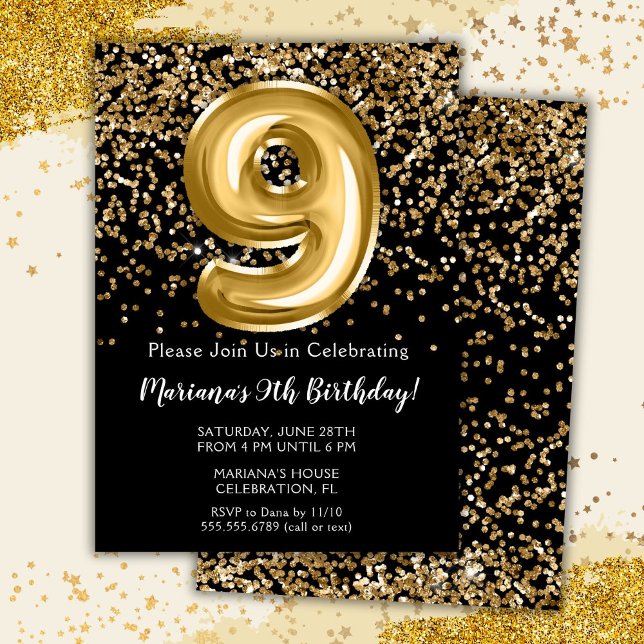 Invitation Black Gold Kids Girl 9e fête d'anniversaire (Créateur téléchargé)