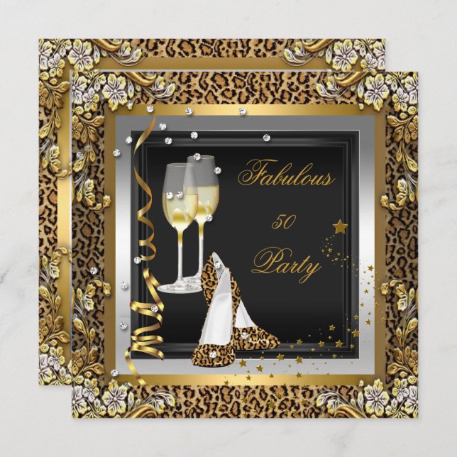 Invitation Black Gold Leopard High Heels Champagne Anniversai (Devant / Derrière)