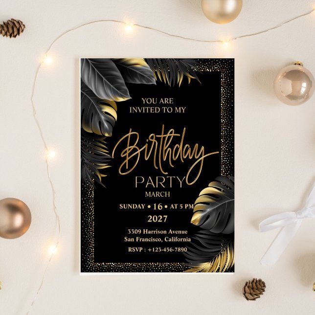 Invitation Black Gold Luxury Tropical Leaf Happy Birthday (Créateur téléchargé)