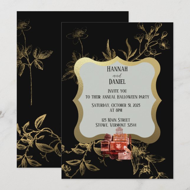 Invitation Black & Gold Magique Halloween Party (Devant / Derrière)