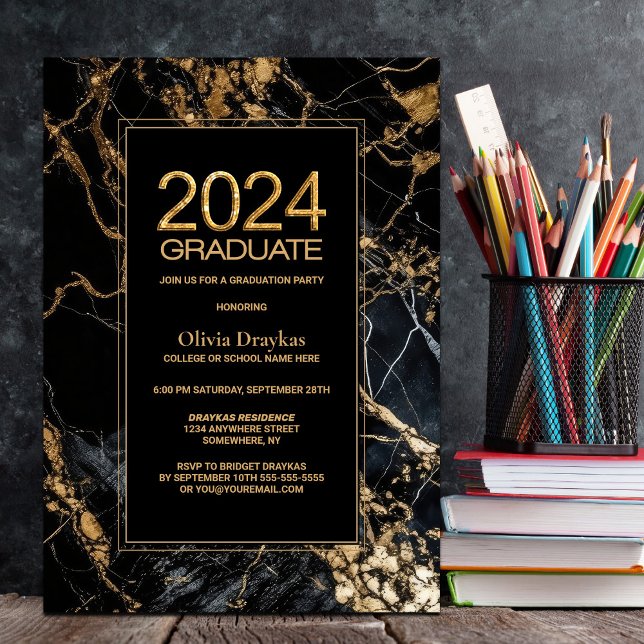 Invitation Black Gold Marble 2024 Graduation Party (Créateur téléchargé)