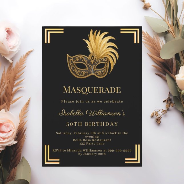Invitation Black gold Masquerade birthday party (Créateur téléchargé)