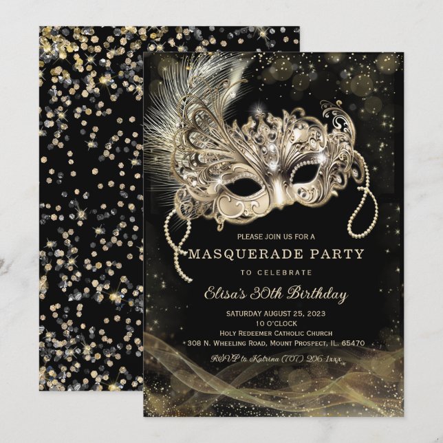 Invitation Black Gold Masquerade fête d'anniversaire (Devant / Derrière)