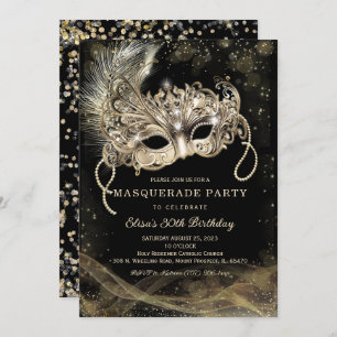 Invitation Black Gold Masquerade fête d'anniversaire