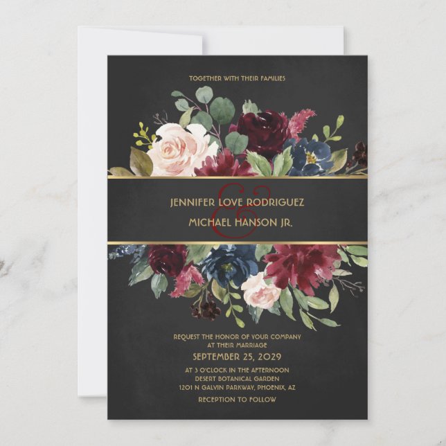 Invitation Black Gold Merlot Marine Floroms Mariage (Devant)