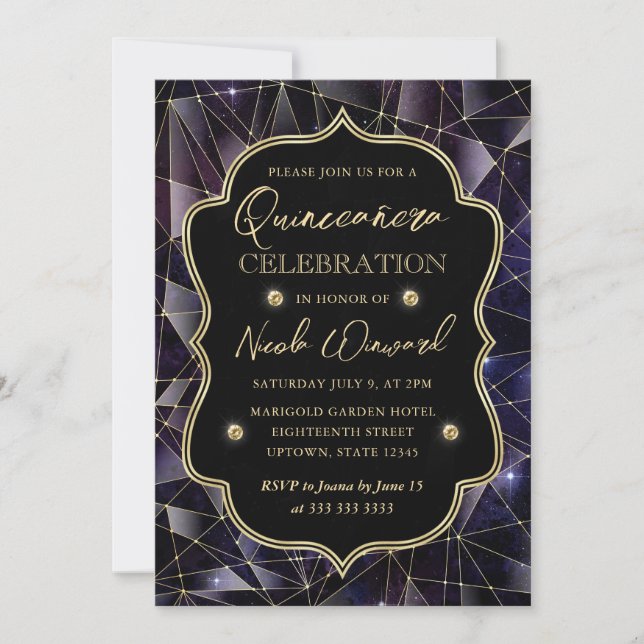 Invitation Black & Gold Midnight Crystal Galaxy Quinceanera (Devant)