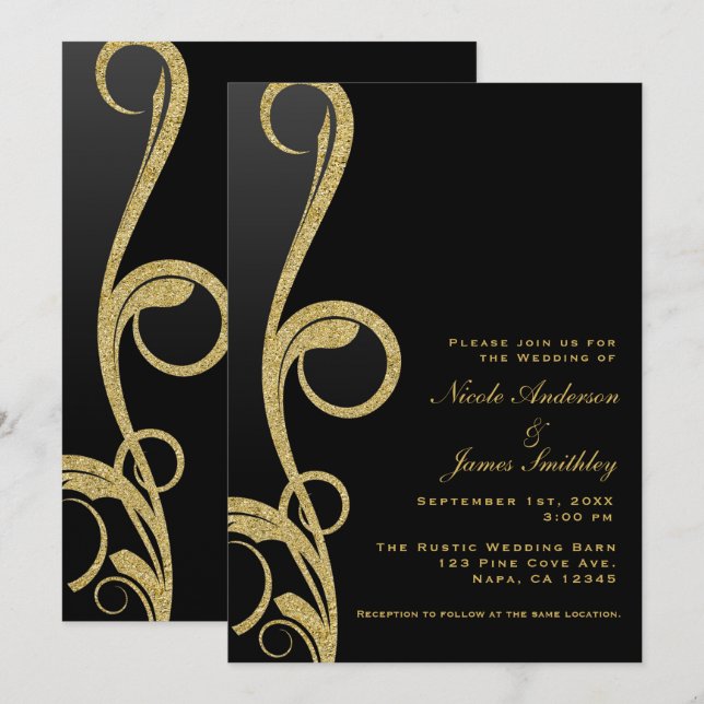 Invitation Black & Gold Modern Glam Élégant Mariage à spirale (Devant / Derrière)
