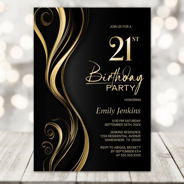 Invitation Black Gold moderne 21e fête d'anniversaire (Créateur téléchargé)