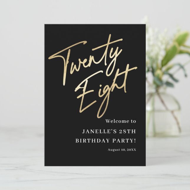 Invitation Black Gold moderne 28e anniversaire de fête Bienve (Debout devant)