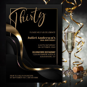 Invitation Black Gold moderne 30e fête d'anniversaire