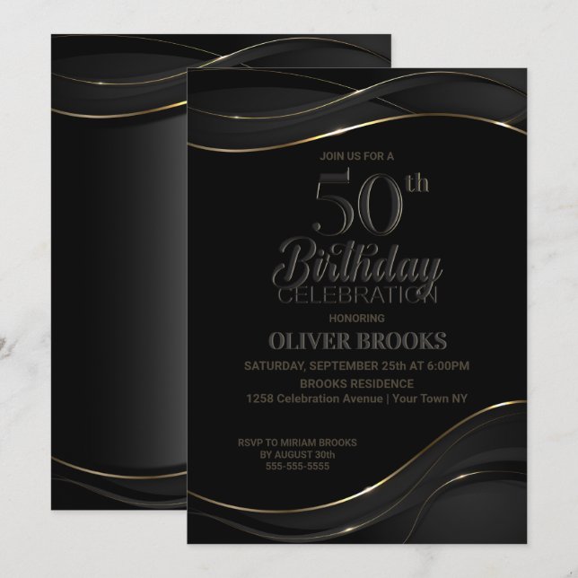 Invitation Black Gold moderne 50e fête d'anniversaire (Devant / Derrière)