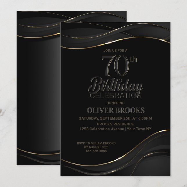 Invitation Black Gold moderne 70e fête d'anniversaire (Devant / Derrière)