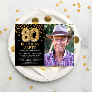 Invitation Black & Gold moderne 80e photo d'anniversaire surp