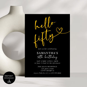 Invitation Black Gold moderne Bonjour 50e fête d'anniversaire
