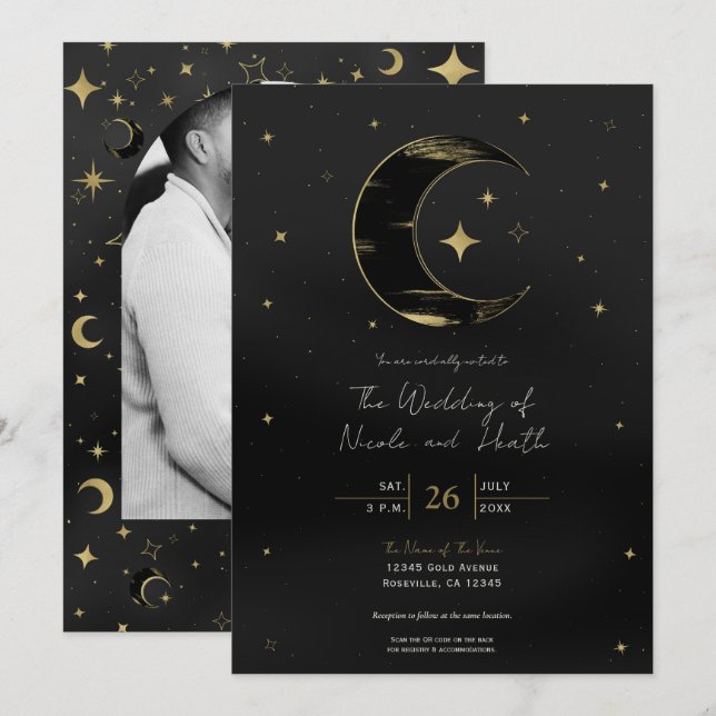 Invitation Black & Gold Moderne Lune Céleste Étoiles Mariage (Devant / Derrière)