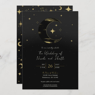 Invitation Black & Gold Moderne Lune Céleste Étoiles Mariage