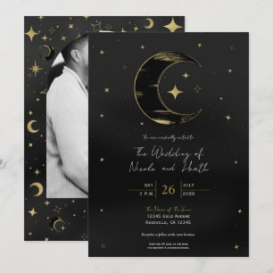 Invitation Black & Gold Moderne Lune Céleste Étoiles Mariage