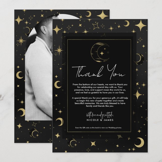 Invitation Black & Gold Moderne Lune Céleste Étoiles Merci (Devant / Derrière)