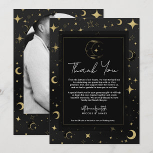 Invitation Black & Gold Moderne Lune Céleste Étoiles Merci