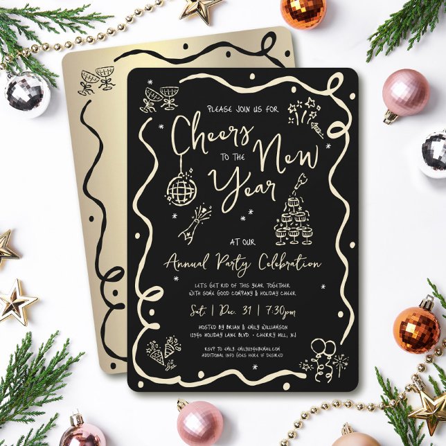 Invitation Black Gold New Year Cheer Hand Drawn Sketch Party (Créateur téléchargé)