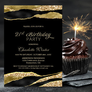 Invitation Black Gold Parties scintillant 21e fête d'annivers