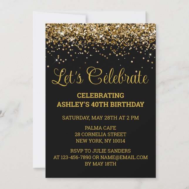 Invitation Black & Gold Parties scintillant 40e anniversaire  (Devant)