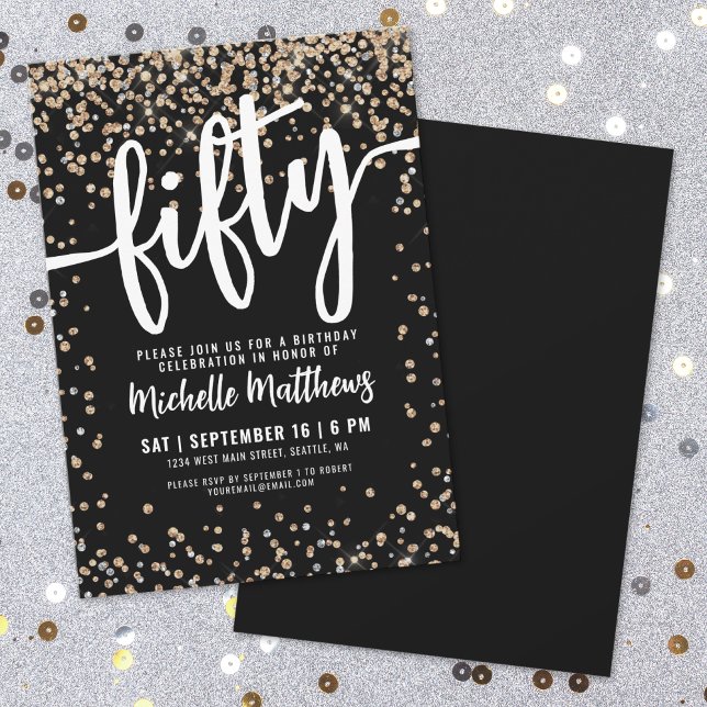 Invitation Black Gold Parties scintillant 50e anniversaire (Black Gold Glitter 50th Birthday Invitation)