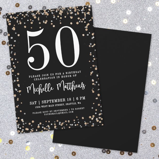 Invitation Black Gold Parties scintillant 50e anniversaire fê (Black Gold Glitter 50th Birthday Party Invitation)