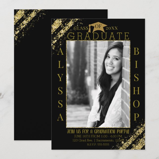 Invitation Black Gold Parties scintillant Photo Graduate Part (Devant / Derrière)