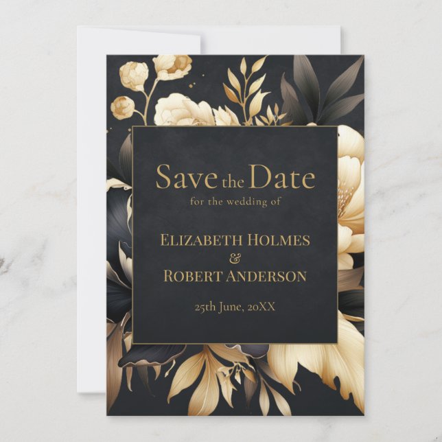 Invitation Black & Gold Peony Gothic Save the Date (Devant)