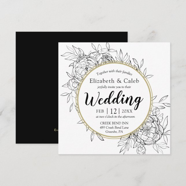 Invitation Black & Gold Peony Modern Floral Toile Mariage (Devant / Derrière)
