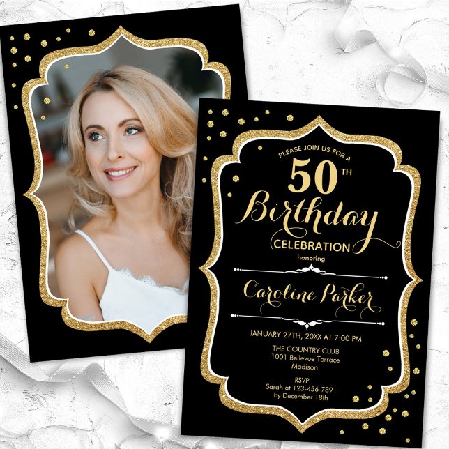 Invitation Black Gold Photo 50e anniversaire (Créateur téléchargé)