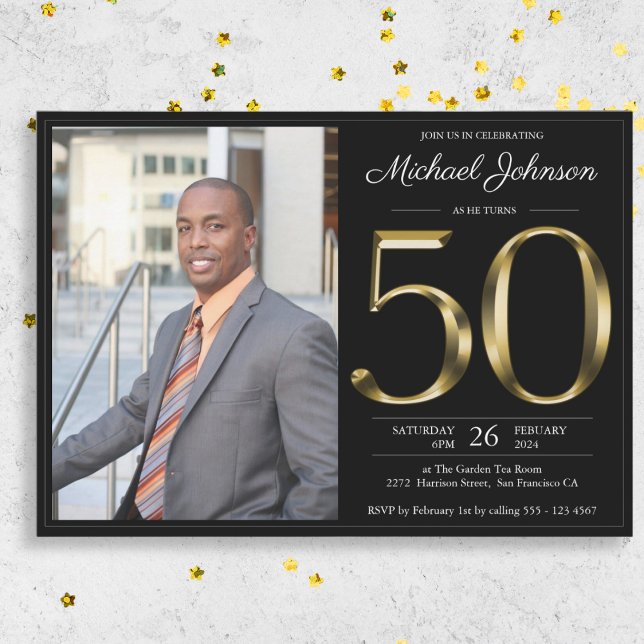 Invitation Black Gold Photo 50th Birthday Party (Black Gold Photo 50th Birthday Party Invitation)