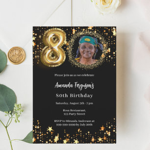 Invitation Black gold photo étoiles 80e anniversaire
