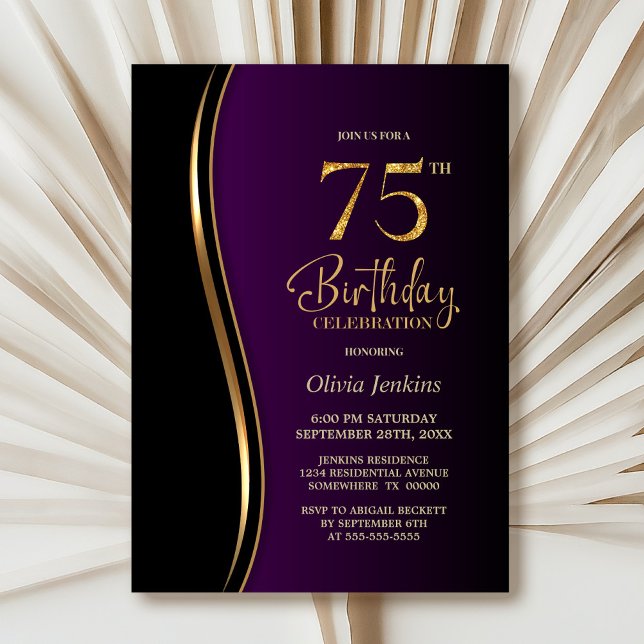 Invitation Black Gold Purple 75e anniversaire fête (Créateur téléchargé)