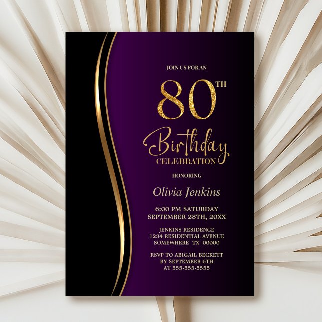 Invitation Black Gold Purple 80e fête d'anniversaire (Créateur téléchargé)
