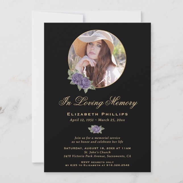 Invitation Black Gold Purple Florale Service photo (Devant)