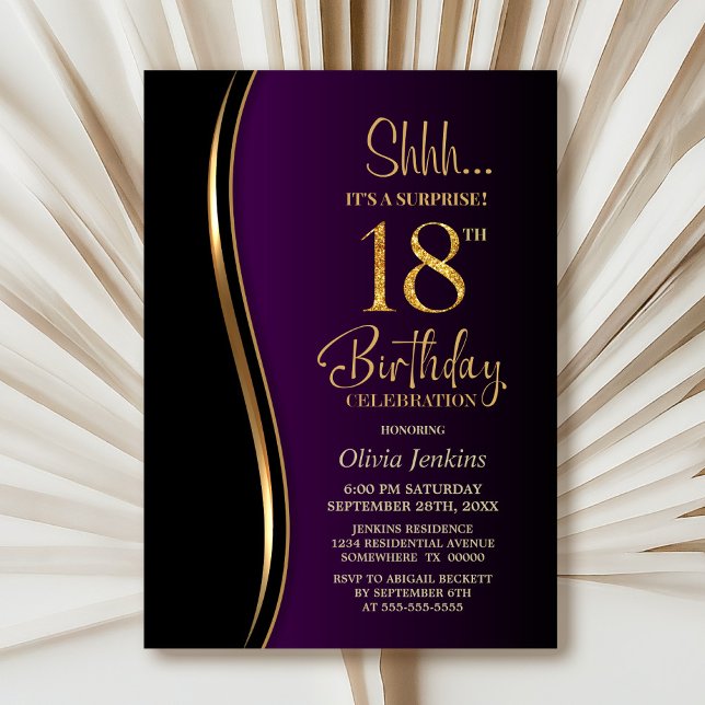 Invitation Black Gold Purple Surprise 18e anniversaire (Créateur téléchargé)