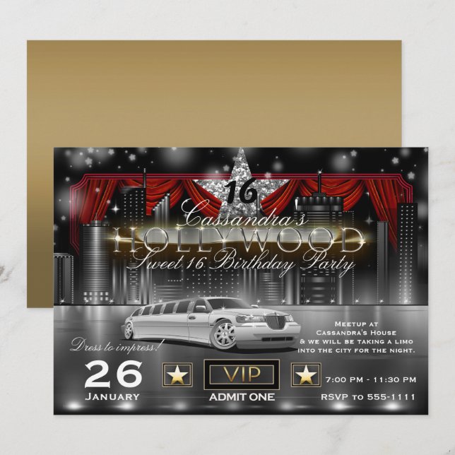 Invitation Black Gold Red City Lights Limo Hollywood Party (Devant / Derrière)