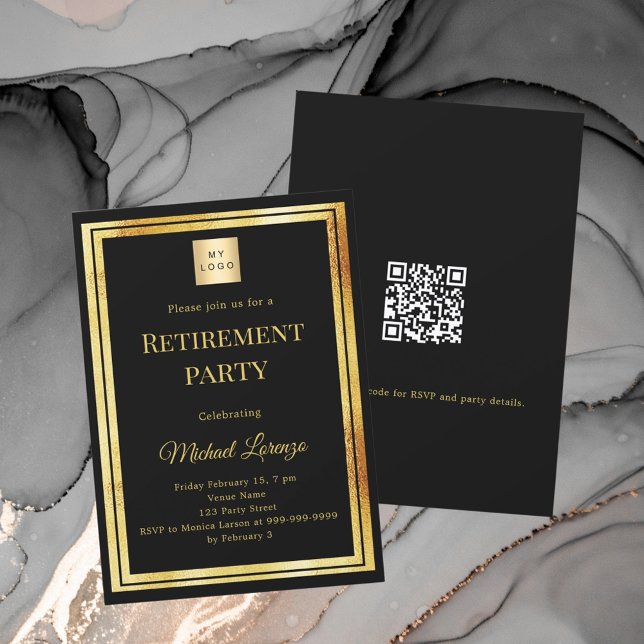 Invitation Black gold retirement party QR code business logo (Créateur téléchargé)
